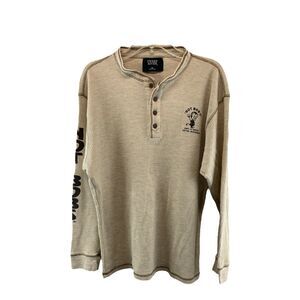 Tweed River Mens XL Henley Shirt Thermal Long Sleeve Beige Button Not Bobs Print